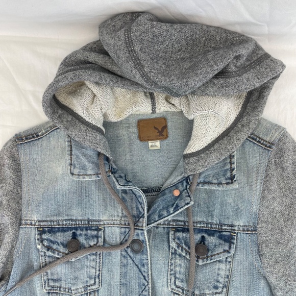 American Eagle Jean Sweater Jacket Hood Gray Women’s Size Medium - Picture 8 of 12